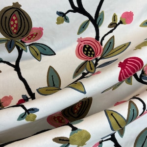 Roselyn Coral Crewel - Elegant Crewel Fabric - Crewel Stitched Fabric - Crewel Jacobean Style Fabric - Modern Crewel Vining Floral Fabric