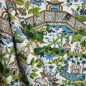Yakata Ivory - Chinoiserie - Pagoda - Blue - green - drapery fabric - upholstery fabric - fabric by the yard
