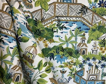 Yakata Ivory - Chinoiserie - Pagoda - Blue - green - drapery fabric - upholstery fabric - fabric by the yard