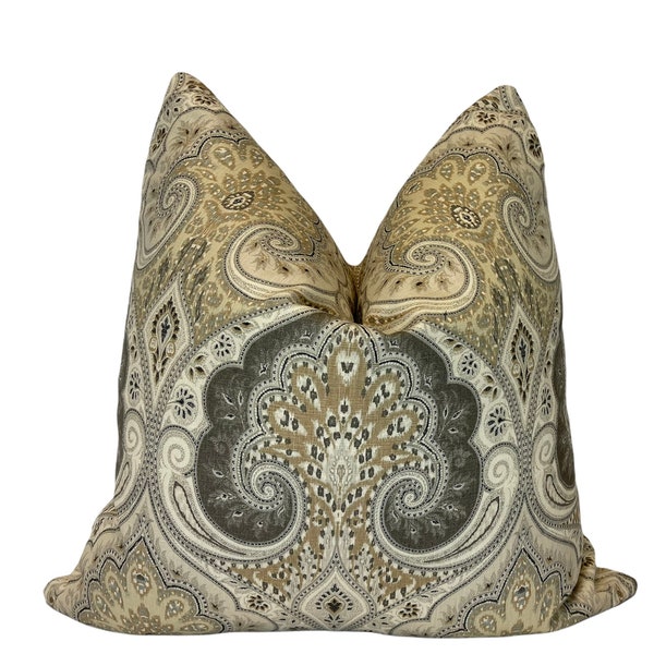Latika Mushroom Pillow Cover - Damask Print - Yellow Gold - Beige Gray - Knife Edge - Custom Cut Pillow Covers - Magnolia - Custom Cut