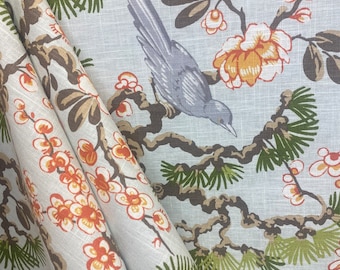 Aqua Garden China - Upholstery Fabric - Asian Inspired Fabric - Birds and Flowers - Oriental Fabric - Fabric by the Yard