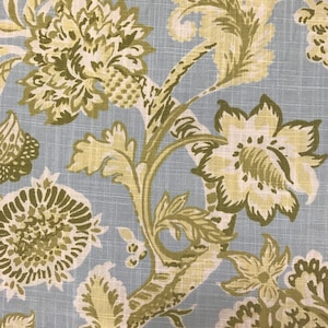 Sky Blue, Green, and White Spring Floral - Drapery Fabric - Pillows - Fabric By The Yard