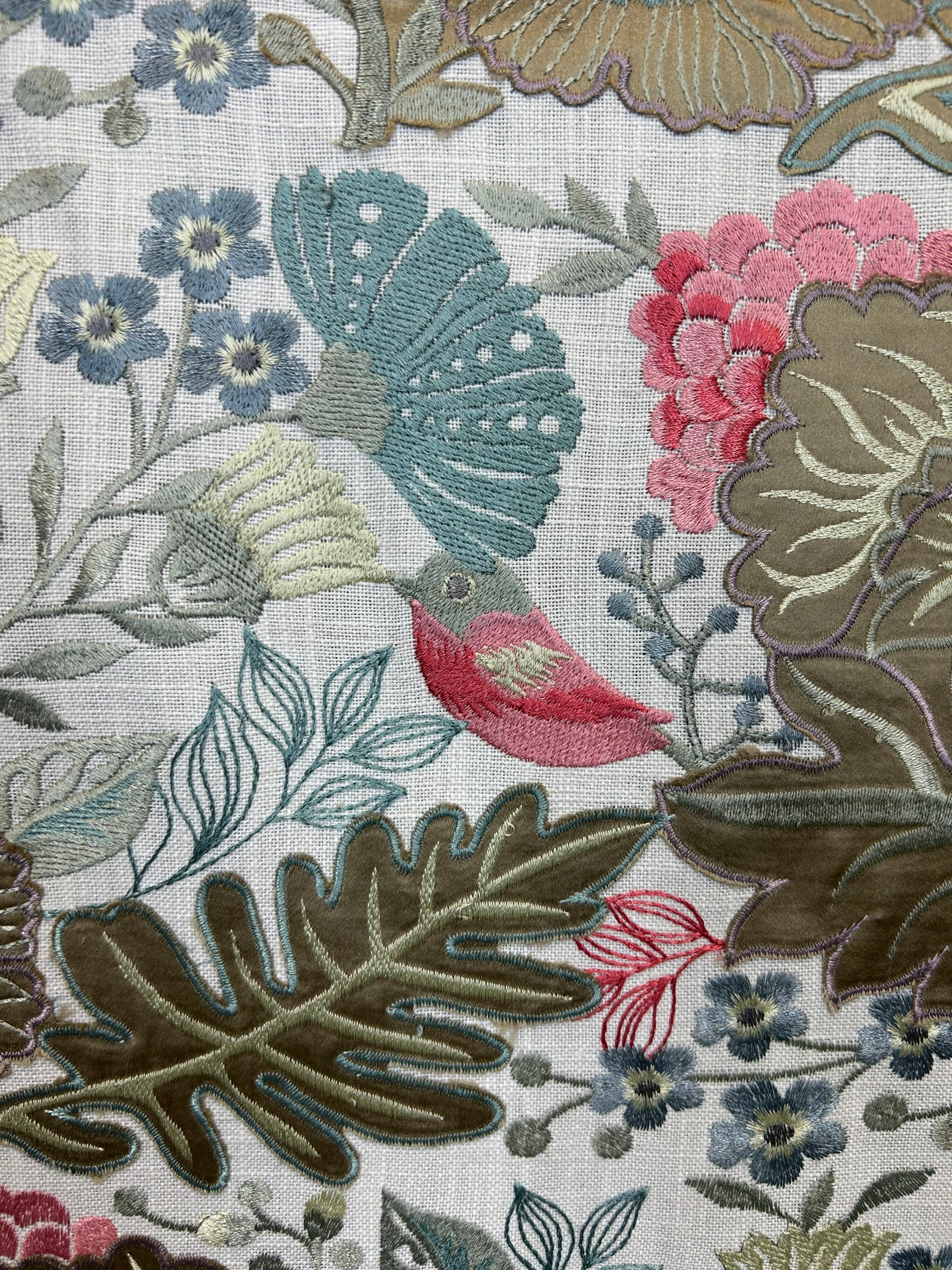 Gilcrest Linen - Upholstery Fabric - Embroidered Floral - Birds and Flowers Print - Fabric by the Yard - Decorative Fabric