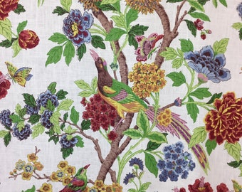 Baker Hydrangea Bird - Floral - Red - Green - Fabric by the Yard - Custom Cut Yardage - Home Decor Fabric - Pillow Covers - Cushion