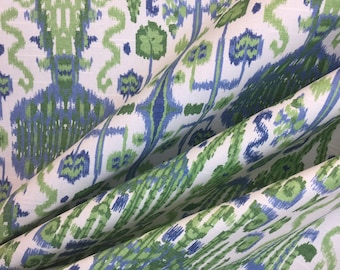 Bombay Kelly - Ikat - Printstof - Stoffering en draperiestof - Lacefield - Marine - Groen - Aangepaste kussenslopen - Draperiepanelen