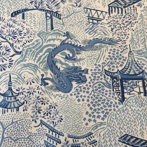 May include: Blue and white patterned fabric featuring a dragon, pagodas, and bridges. The design is reminiscent of traditional Chinese or Japanese artwork.
