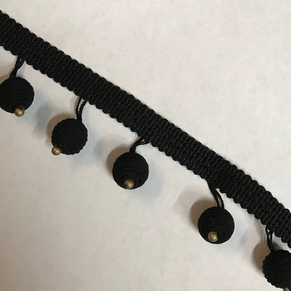 Black - Beaded Ball  - Fringe By The Yard - Custom Cut Yardage - Home Decor - Pillows - Drapery - Designer Trim - Black Trim - Beaded