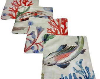Coral And Fish Cocktail Napkins - Cloth Coasters - Reusable Napkins - Home Party - Home Decor Accessories