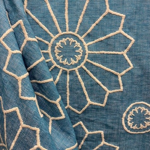 Aqua Embroidered Medallion - Embroidered Upholstery Fabric - Medallion Upholstery Fabric - Fabric by the Yard