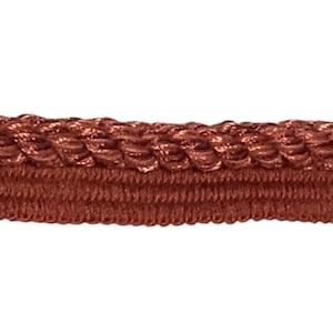 Può includere: Primo piano di una sezione di passamaneria decorativa marrone. La passamaneria presenta un motivo intrecciato sul bordo superiore e una texture a coste sul bordo inferiore. Il colore è un marrone rossastro caldo.