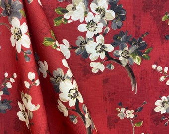 Kanami Pierside - Cherry Blossom Upholstery Fabric - White Cherry Blossom Fabric - Red Background - Floral Fabric - Fabric by the Yard
