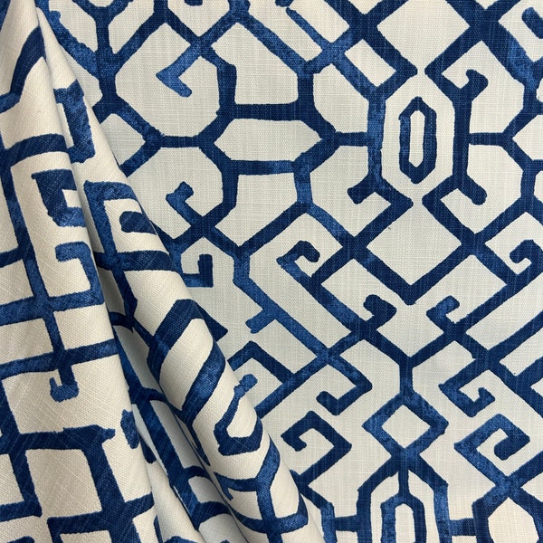 Jing Courtyard Blue - lattice - linen slub - drapery fabric - fabric by the yard