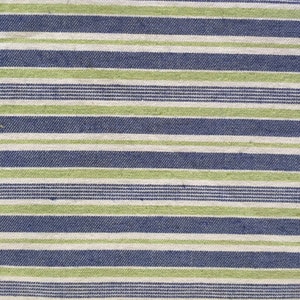 May include: A close-up of a striped fabric with alternating bands of green, white, and blue.