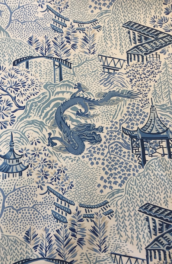 Mixed Blue Floral Pagoda Vern Yip Upholstery Fabric By The Etsy