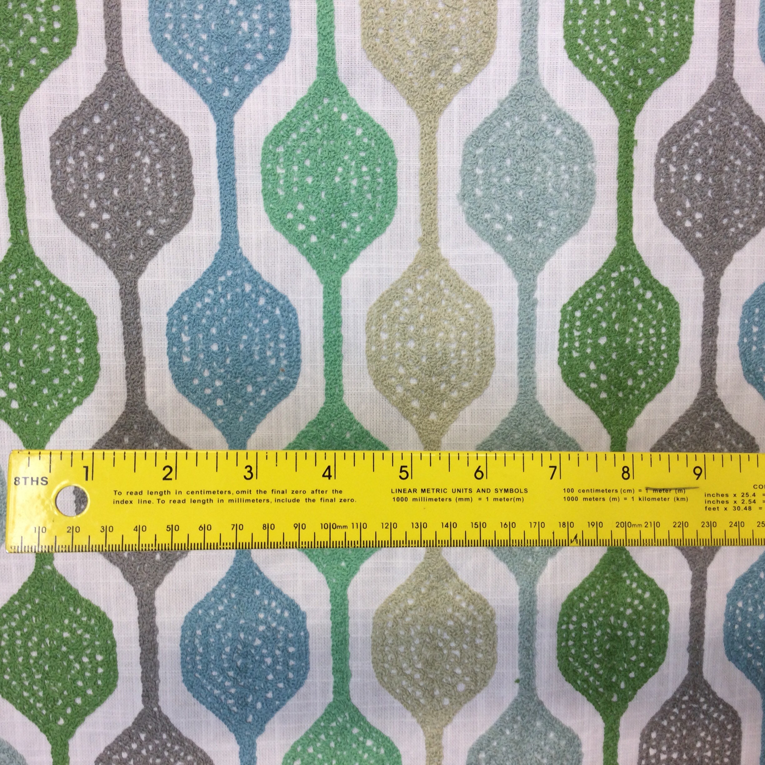 Blue Green Gray Embroidered - Geometric - Drapery Fabric - Fabric by
