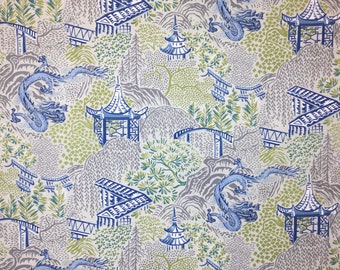 Cobalt Chinoiserie - Pagoda - Dragon - Upholstery Fabric By The Yard