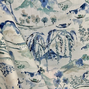 Willa Indigo - Tessuto per tappezzeria - Tessuto di ispirazione asiatica - Toile asiatico blu - Chinoiserie asiatica - Tessuto tagliato su misura - Stampa acquerello