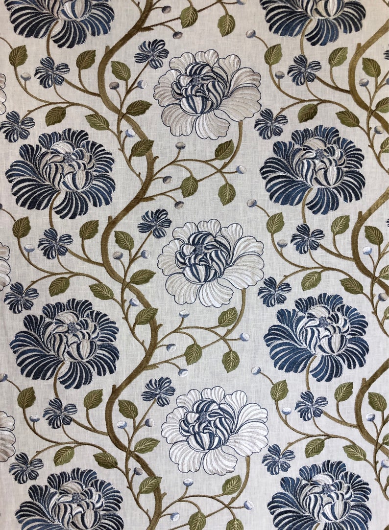Vining Floral Embroidered Fabric Navy White Fabric by Etsy
