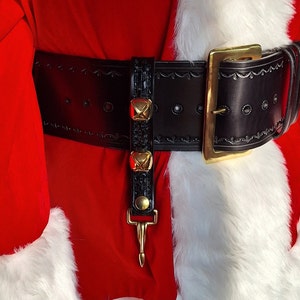 Handmade basketweave black leather santa key holder with solid brass clip and bells for santa suit