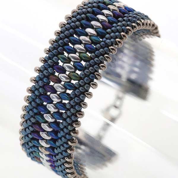 Navy & Silver Beaded Cuff, Blue Beadweaving Bracelet, Iridized Kumihimo Braided Cuff