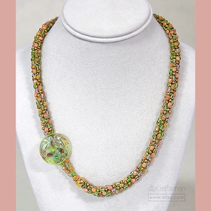 Kumihimo Beaded Necklace, Czech Button Clasp, Pink Green Jewelry