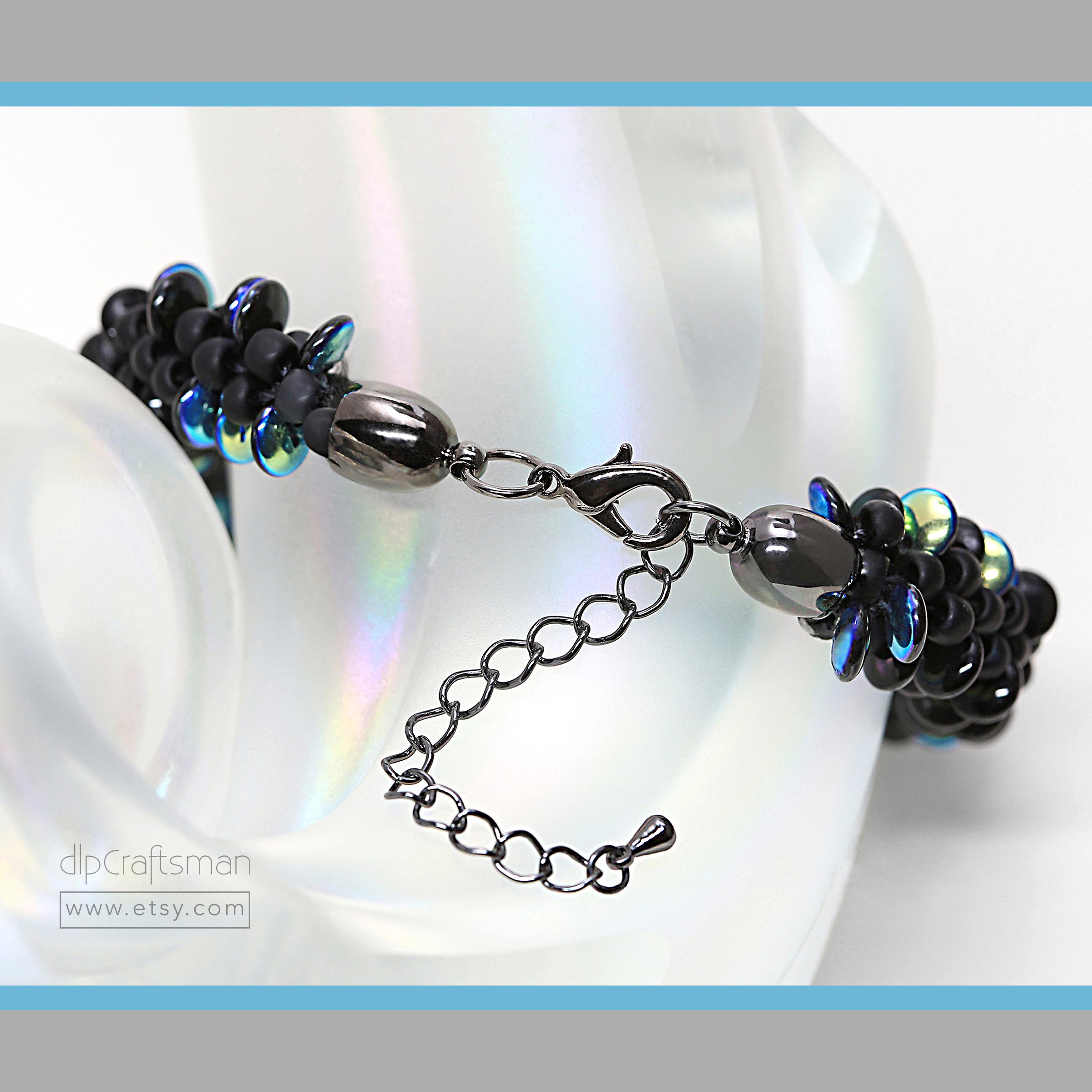 Aurora Borealis Glass Bead Bracelet, Iridized Black Kumihimo  display picture 1
