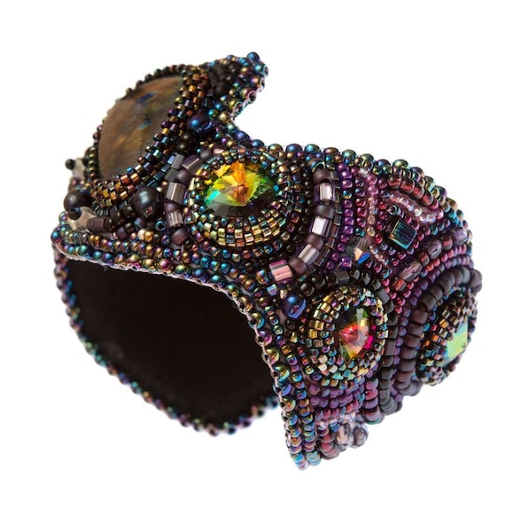 Cuff Bracelet embroidered with natural labradorite, pearls, Swarovski crystals-Beadwork jewelry-boho cuff with Labradors