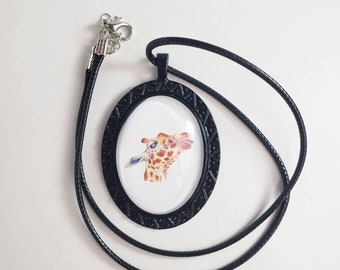 20mm cute giraffe cabachon bezel pendant necklace on an 18 inch black waxed chain.