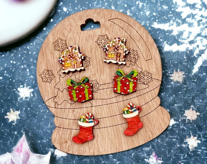 Hand-painted wooden Christmas earrings
