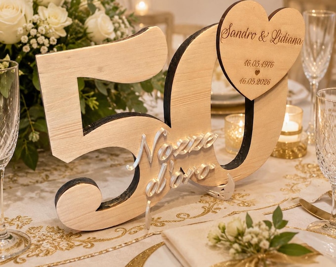 Personalized Wedding Anniversary Centerpiece – Wooden Number with Name, Date, and Engraved Heart | 50th Golden Anniversary