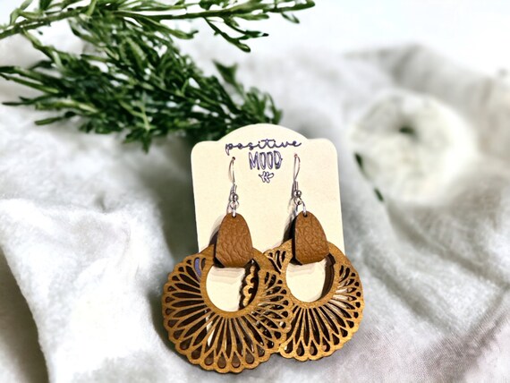 Boho earrings inlaid in wood and eco-leather