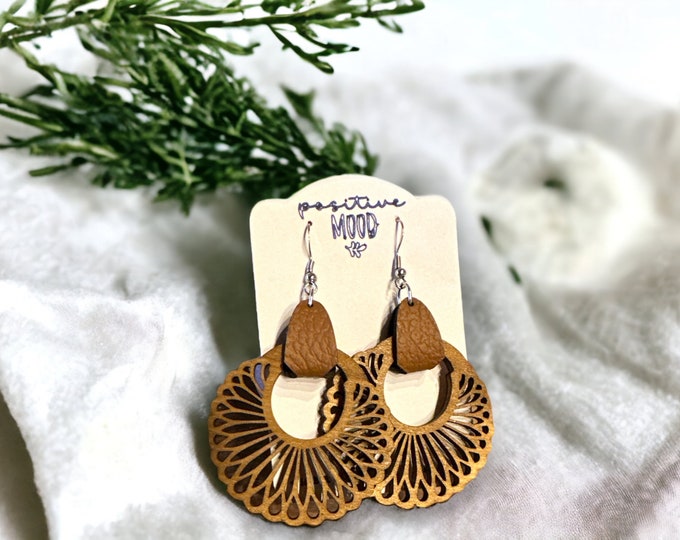 Boho earrings inlaid with wood and genuine leather