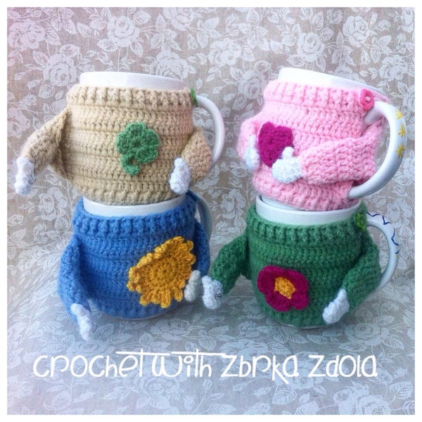 Sweater mug cosy - Crochet Pattern (No. 015), Set of 5 cozy patterns, coffee cozy, crochet cozy pattern, tea cozy pattern