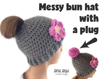 Messy bun hat with a plug, crochet pattern, ponytail hat pattern, messy hair bun hat