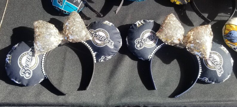 Milwaukee Brewers Minnie Mouse Ears with Champagne Sequin Bow