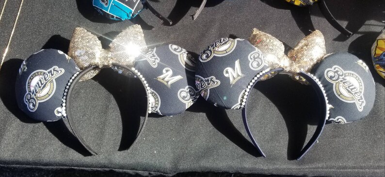 Milwaukee Brewers Minnie Mouse Ears with Champagne Sequin Bow
