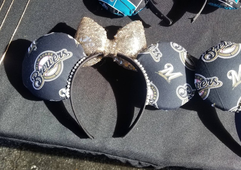 Milwaukee Brewers Minnie Mouse Ears with Champagne Sequin Bow