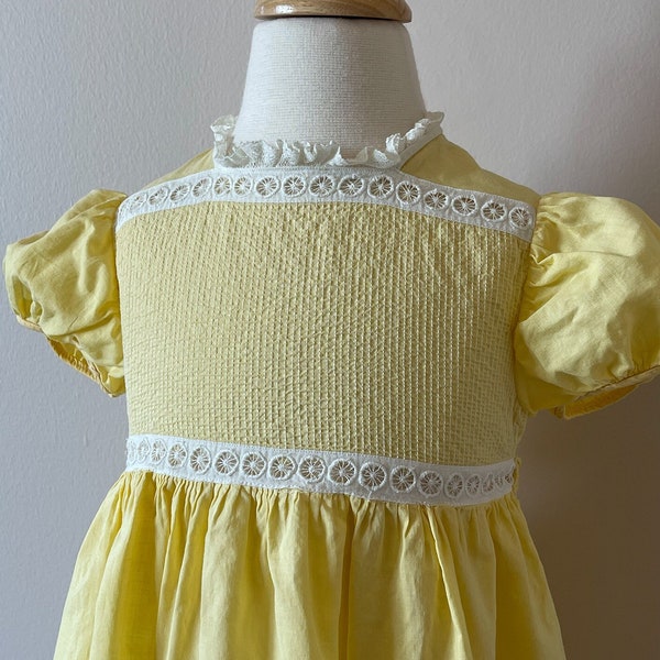 2T:  Exquisite yellow dress with novelty eyelet, 1950s, vintage baby clothes, vintage girls clothes