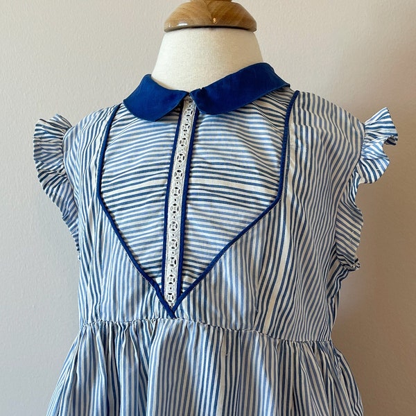 3T: Striped dress in tonal blues, 1950s, vintage girls clothes, vintage girls dress