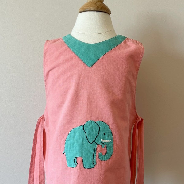 2-3T Flex:  Elephant tunic with ties, 1940s, vintage baby clothes, vintage baby girl