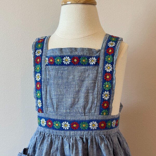 2T:  Chambray apron dress with ribbon trim, 1950s, vintage baby clothes, vintage toddler dress