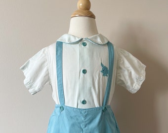 Boys 2T:  Vintage 1950s boys shirt & suspender shorts set with lamb appliqué