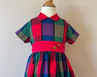 2T: Vintage 1950s bold plaid toddler dress with gold lion buttons