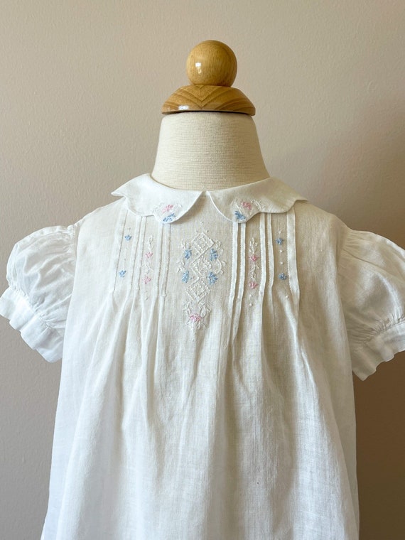 12-18 mo:  Heirloom embroidered baby dress, 1940s,