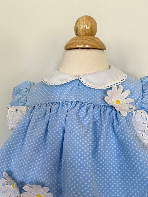 Size 12 Hand Smocked blue gingham dress with embroidered daisies