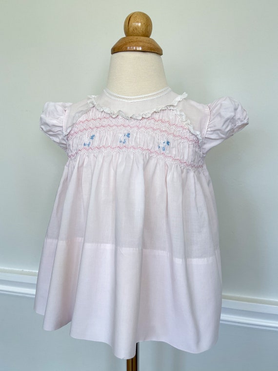 Size 12 Hand Smocked blue gingham dress with embroidered daisies
