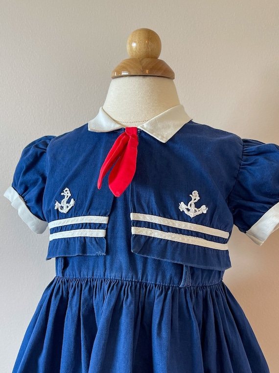 2T:  Sailor dress with anchor appliqué, 1950s, vin