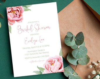 Peony Minimalist Bridal Shower Invitation, Digital Download, Editable