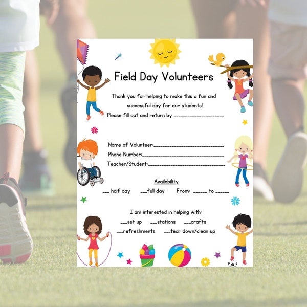 Editable Field Day Sign Up Sheet/Volunteer Form