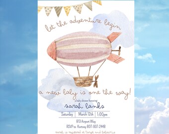 Let the Adventure Begin Hot Air Balloon Blimp Baby Shower invitation, gender neutral, digital download, editable
